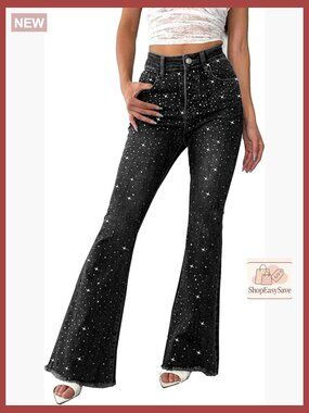 Bootcut Flare Denim Pants High Waist Sparkle Sequin Ripped Jean Y2K